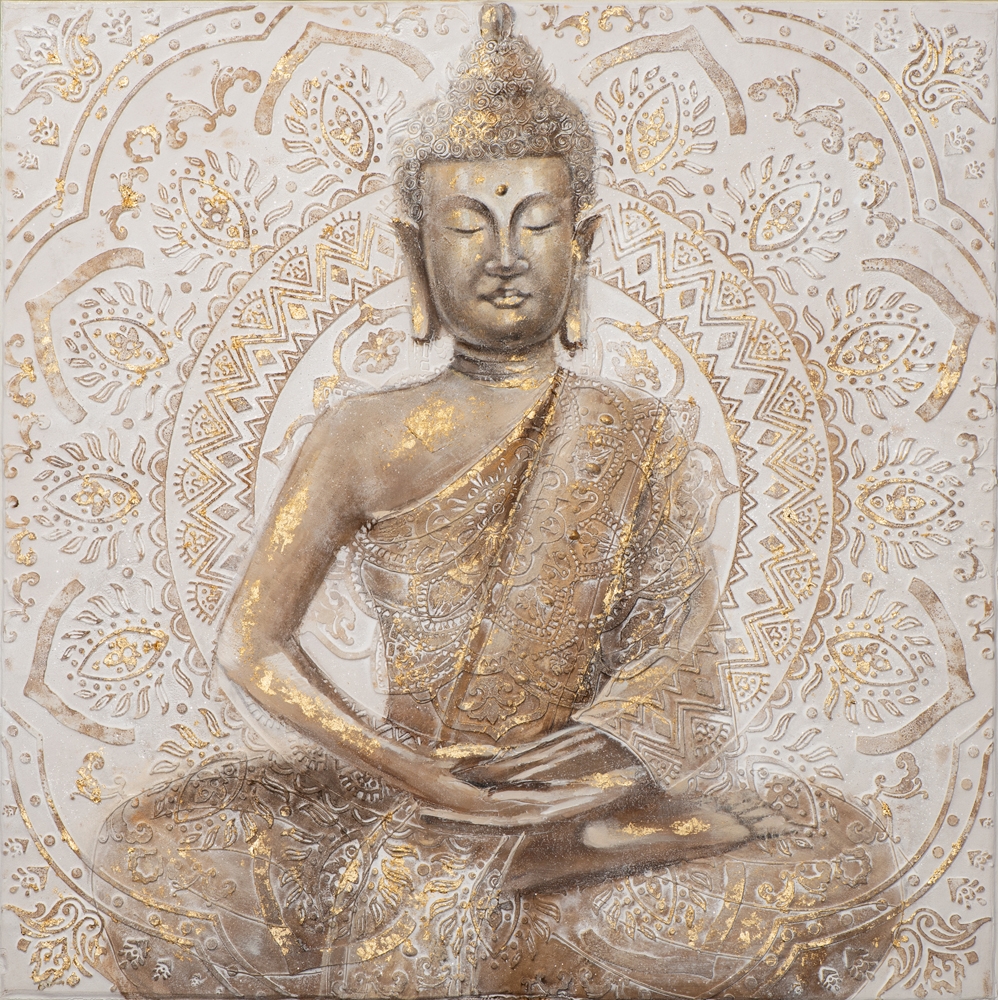 Buddha Bild Sitzend Leinwand 100cm Gold Arasian Dreams Buddha bild für ein exotisches ambiente: wandbild buddha goldflower sitzend auf leinwand 100 x 100 handgefertigt