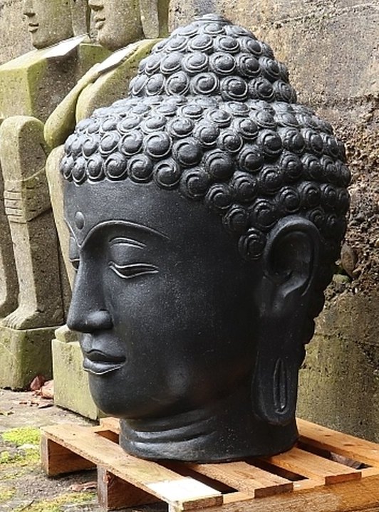 frostfest schwarz antik Steinfigur H 75 cm Steinguss Buddha-Kopf 