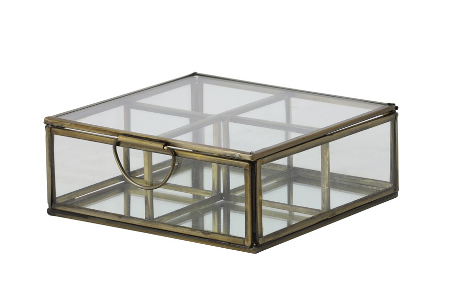 Glas Box mit Spiegelboden und vier Unterteilungen 14 x 14 x 5,5 cm