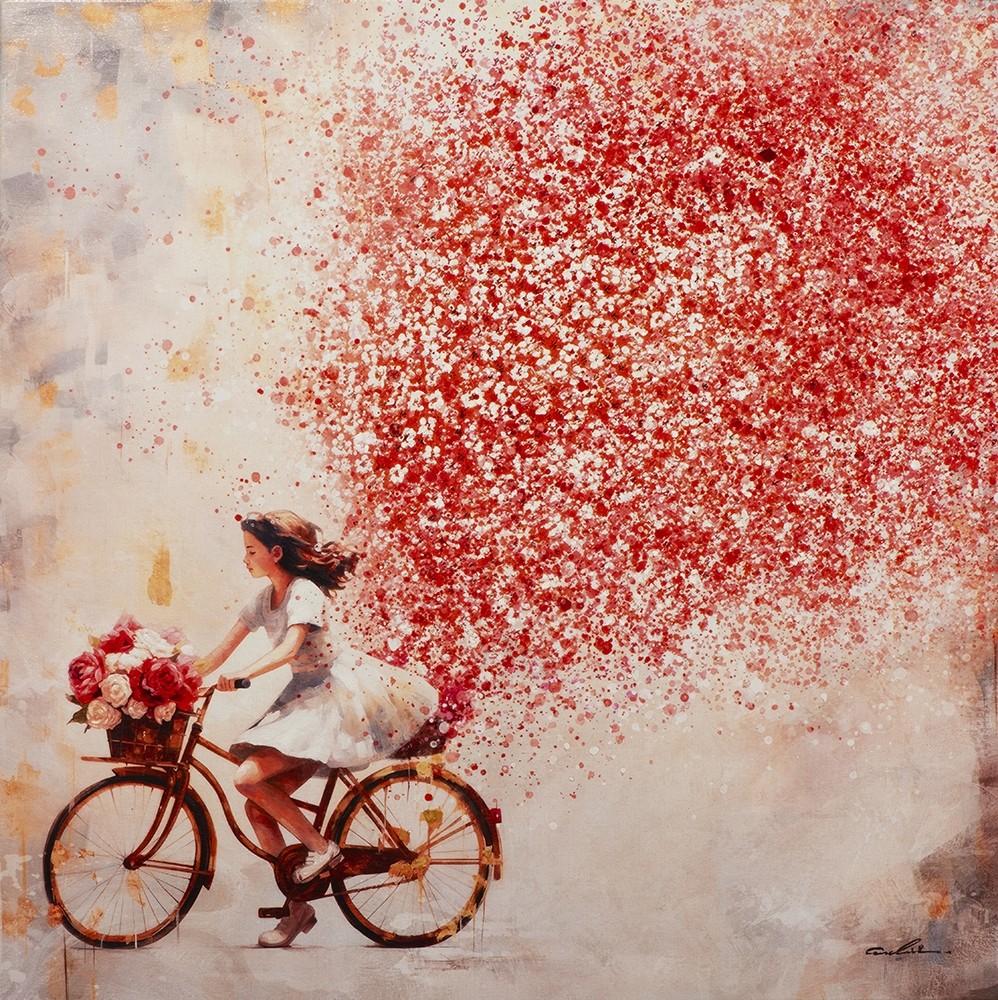 Wandbild Bicycle And Flowers auf Leinwand 100x100 bedruckt und handbearbeitet