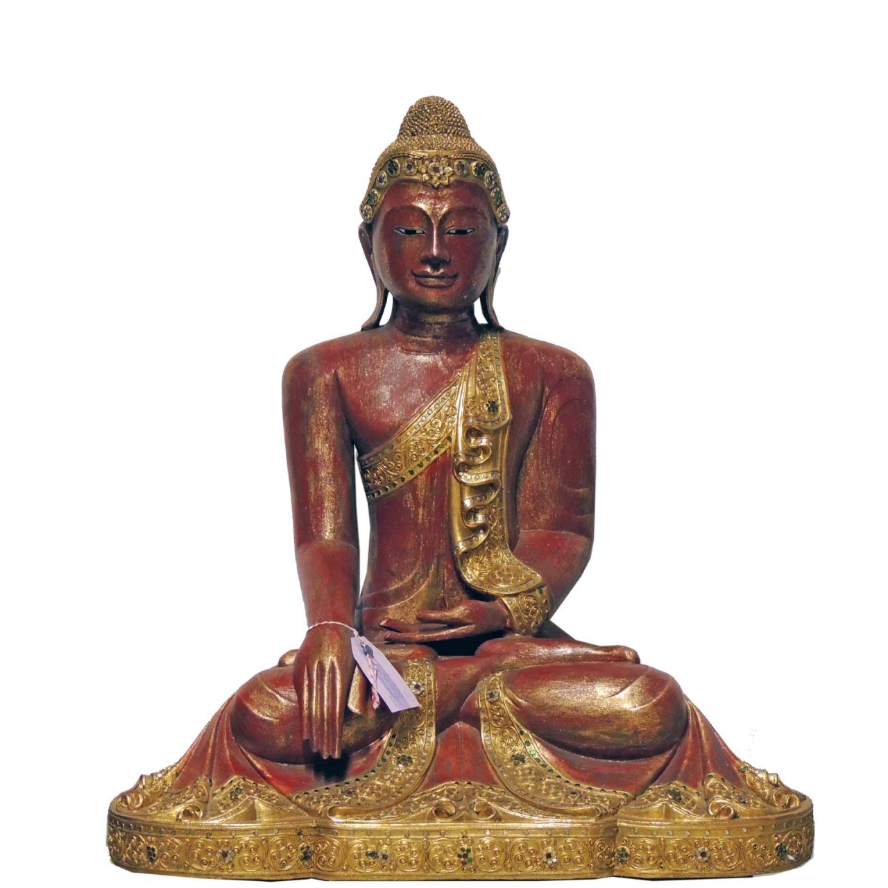 Holzstatue Buddha Thailand sitzend 90cm rot goldfarben