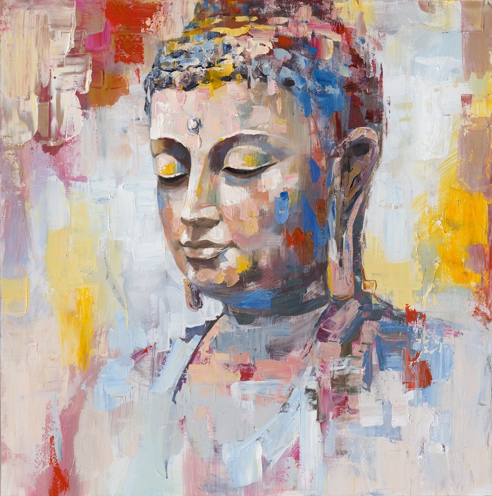 Wandbild Buddha Colored 100x100 handbearbeitet und handgemalt
